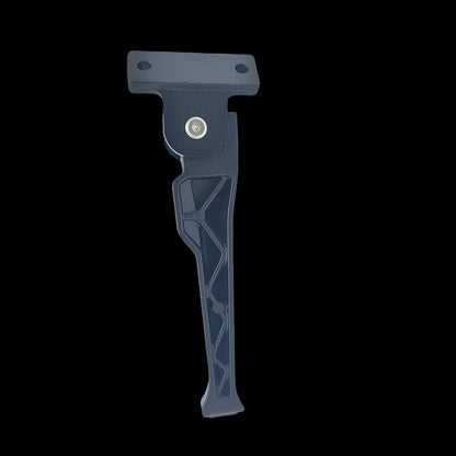 A dark gray plastic motorcycle or bicycle kickstand bracket, isolated on a white background.