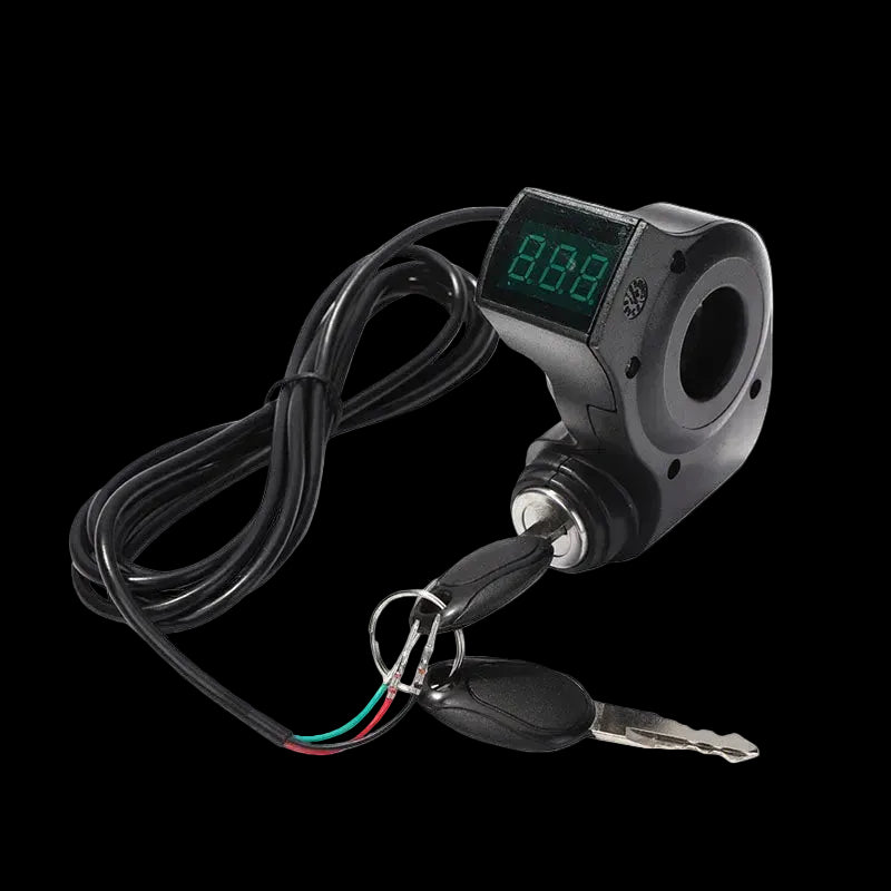 A black electronic motor speed controller with a digital LCD display showing green digits, a key switch, and two keys on a black background.