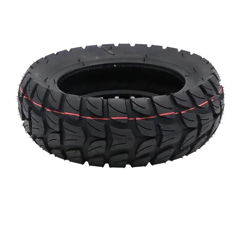 A black rubber off-road tire with a distinctive tread pattern and a thin red accent line running along the sidewall, shown on a plain white background.