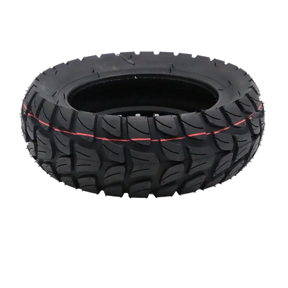 A black rubber off-road tire with a distinctive tread pattern and a thin red accent line running along the sidewall, shown on a plain white background.