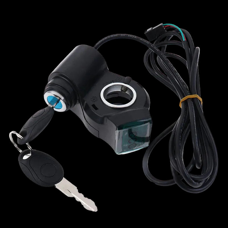 Black scooter key ignition switch and voltmeter with key and wiring on a white background
