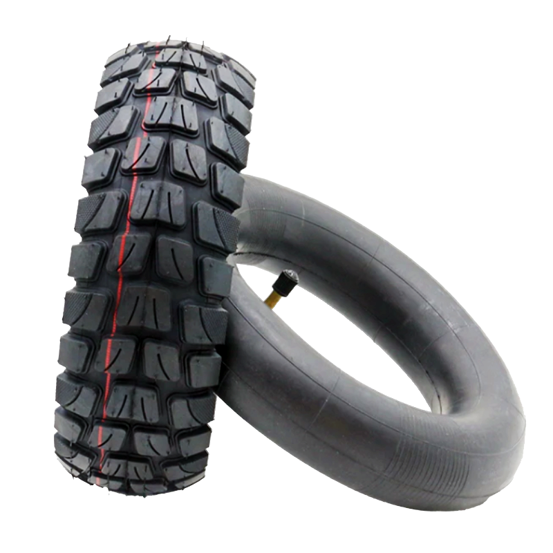 A black off-road tire with a red stripe and a matching black inner tube with a valve stem, shown on a plain white background.