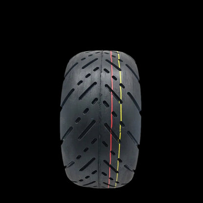 A black rubber off-road tire with diagonal tread blocks and a thin red and yellow center stripe, shown on a white background with the Kingsunny Parts logo in the top-left corner.